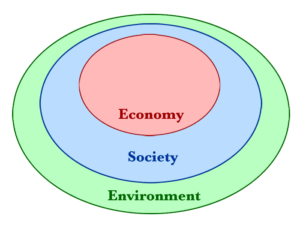 Blog Ecological economics: Image shows three areas inside each other. The economy is inside of society which is turn is inside of environment.