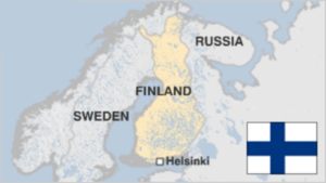 Blog Political development: An image of a map showing Finland with the Finnish flag in the lower right