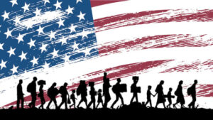 Blog Angrynomics: Image of a line of immigrants with the background of an American flag.