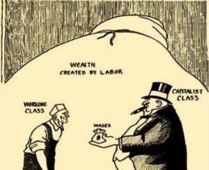 Blog Marxist economic theory: Picture shows a fat capitalist provided small wages to a work who helped produce enormous profits