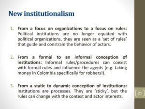 Blog New institutionalism: A picture of a presentation slide defining some relevant terms