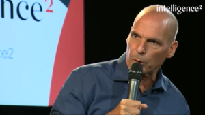 Blog Saving capitalism: An image of Yanis Varoufakis during a discussion/debate about "Can capitalism be fixed"?