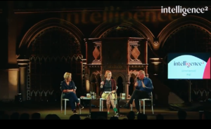 Blog Saving capitalism: An image of Gillian Tett, Ann McElvoy, and Yanis Varoufakis on stage for a discussion about fixing capitalism