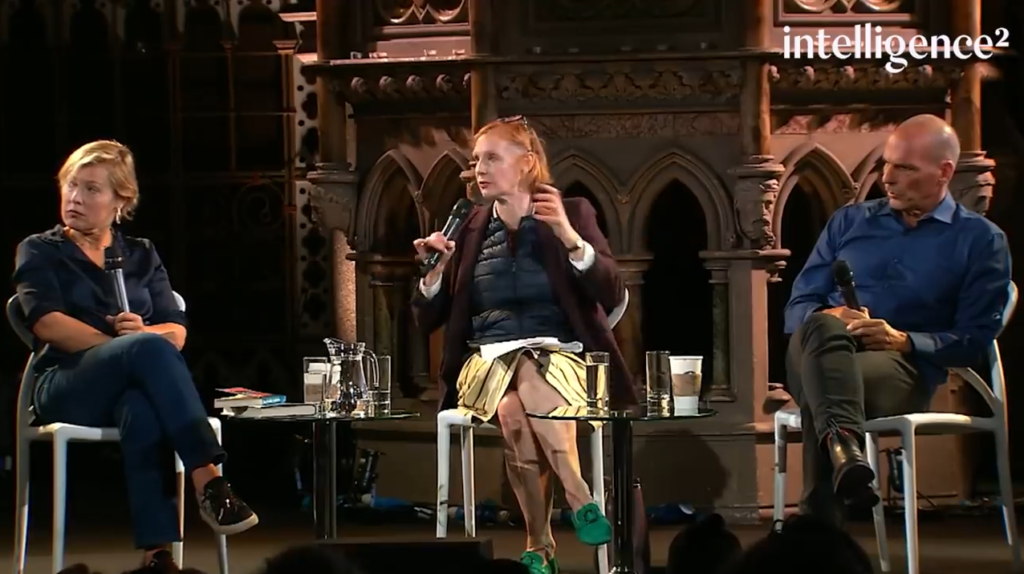 Saving capitalism by making it more inclusive, part 8 Saving capitalism: Image of Gillian Tett, Ann McElvoy, and Yanis Varoufakis during an Intelligence Squared debate "Can we fix capitalism?".
