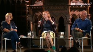 Blog Saving capitalism: Image of Gillian Tett, Ann McElvoy, and Yanis Varoufakis during an Intelligence Squared debate "Can we fix capitalism?".