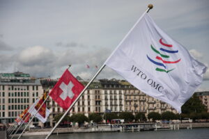 Blog world trade organization: Image of WTO flag flying next to a Swiss flag