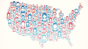 Blog Sovereign wealth fund: Image shows a map of the United States with profiles of people without faces spread out across it