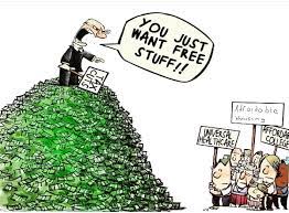 Blog Free market? Image shows a man standing on a pile of money yelling at protestors